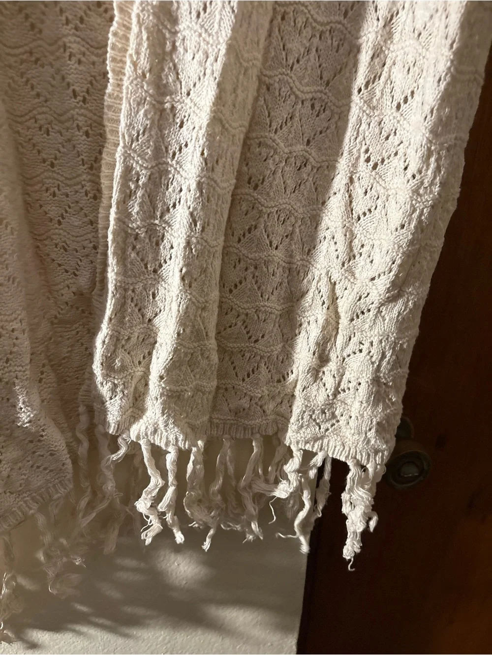 La Hearts Cream Open-Weave Fringe Cardigan